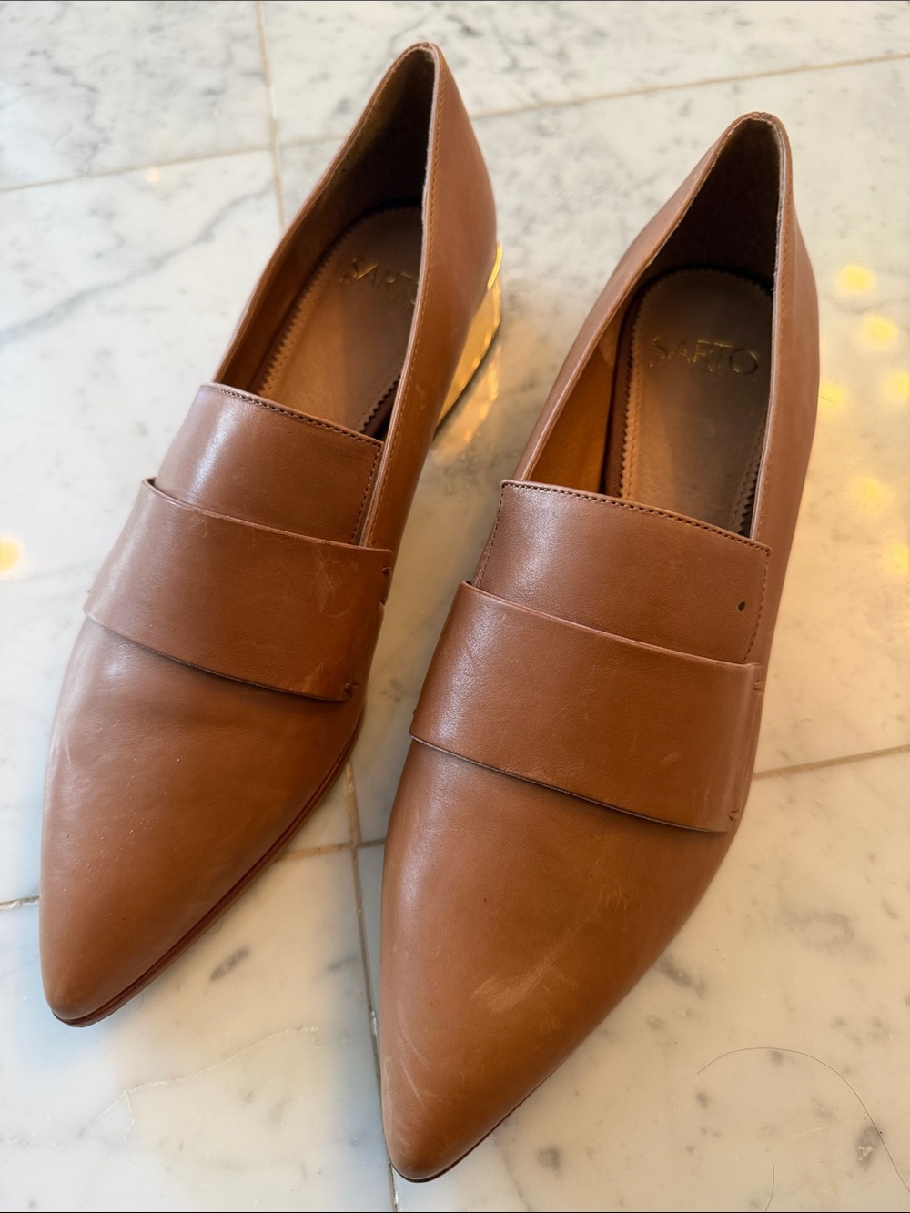 SARTO By Franco Sarto Cognac Pointed Toe Loafers w/ Gold Heel - Picture 2 of 7